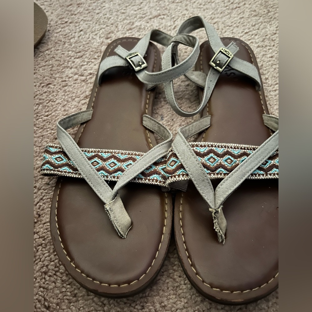 Tan Strappy Sandals with turquoise and Brown Patterned Strap